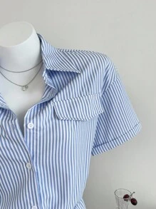 SHEIN Unity 條紋短袖連身褲，束腰設計，夏季款 - 藍色 - 查看 5