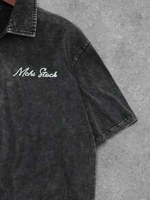 Manfinity EMRG 1pc Men Letter Pattern Zipper Acid Wash Polo Shirt