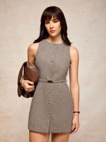 House of One Jacquard Elegant Skinny Button-Up Embellished Boat Neck Sleeveless Mini Dress Women Fall Winter Old Money Fall Outfits Business Professional Women Business Casual Woman