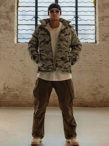 DAZY 男士加厚连帽棉服，花卉迷彩军绿色，冬季夹克 - 彩色 - 查看 4