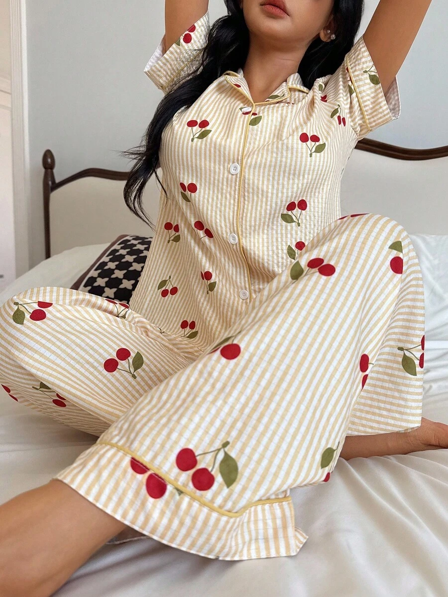 Eraneu Cherry Striped Print Lapel Short Sleeve Pants Women Pajama Set Cherry Pajamas Striped Cherry Pajamas - Yellow - View 1