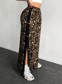 SHEIN SXY Women Casual Fashion Street Leopard Print Contrast Sideseam Button Placket Wide Leg Sweatpants,Fall Women Clothes,,Back To School,Y2k,Cheetah Print,School Clothes,Leopard Print,Casual Women Outfits,Streetwear Women - Multicolor - View 7