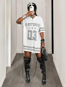 BamGleam Camiseta Casual Feminina de Manga Curta com Decote em V e Ombros Caídos, Estampa Numérica de Leopardo, Verão - Branco - Visão 4