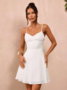 SHEIN BAE Váy mini bó sát hở lưng bằng vải chiffon trắng trơn dành cho nữ, váy trắng, thích hợp cho lễ tốt nghiệp, mùa tựu trường - trắng - Xem 6