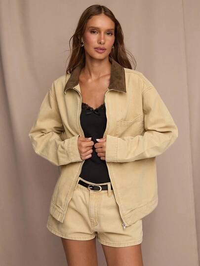 SHEIN BAE Khaki Denim Coat With Zipper Closure And Detailed Collar. Contrast Color Collar Long Sleeve Zipper Front Pocket Denim Coat, Fall Women , Back-To-School Loose Fitting Collar.Old Money Style Women , Back To School, Airport For Women, Vintage Women, Business Casual Woman
