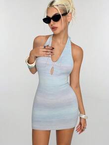 Flirla Women's Ombre Hollow Design Halter Neck Fitted Knit Dress - Baby Blue - View 3