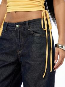 SUMWON WOMEN Turn-Up Wide Leg Raw Denim Jeans With Cuffed Hem Detail Vintage-Inspired High Rise Classic Street Style Fashion Y2K - Blue - View 3