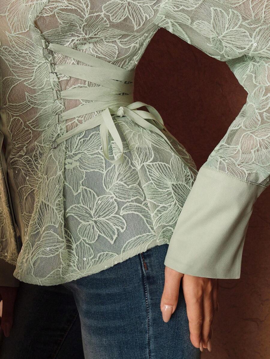 SHEIN Unity Grön Elegant Romantisk Broderad Paljett Halvtransparent Blus Med Justerbar Midja Och Rosett Med Dragsko - Grön - Visa 1