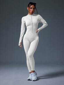Dewbera Dewbera Women's Solid Color Stand Collar Casual Ribbed Zip-Up Long Sleeve Jumpsuit Shaping Workout Compression Women Jumpsuits Tummy Control Seamless Yoga - White - View 5