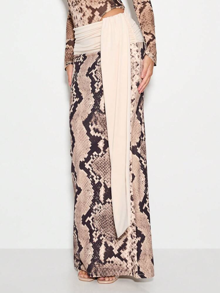 KIZN Snake Print Long Sleeve Two Piece Set Ruched Waistband Maxi Length Evening Party Wedding Guest Fall Winter Occasion Club Outfit