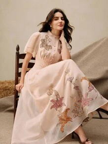 Anewsta Váy chữ A thêu hoa thanh lịch màu mơ dành cho nữ, thích hợp cho kỳ nghỉ, tiệc tùng, hẹn hò, trang phục mùa xuân, trang phục mùa hè, lễ Phục sinh, lễ hội - Hồng - Xem 7