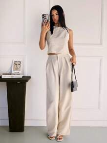 SHEIN Tall Bộ 2 món áo thun cổ tròn không tay màu trơn và quần xếp ly thường ngày cho nữ - Màu be - Xem 3