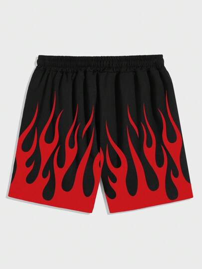 Street Life Pantalones cortos sueltos de hombre con cordón en la cintura, bolsillo en diagonal, estampado de cruz, llama y letra, para uso casual en la calle en verano
