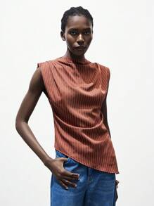 Lumivelle Women's Summer Commuter Striped Ruffle Asymmetrical Hem Blouse Maillard Style Summer Brown Clothes For University - Brown - View 4