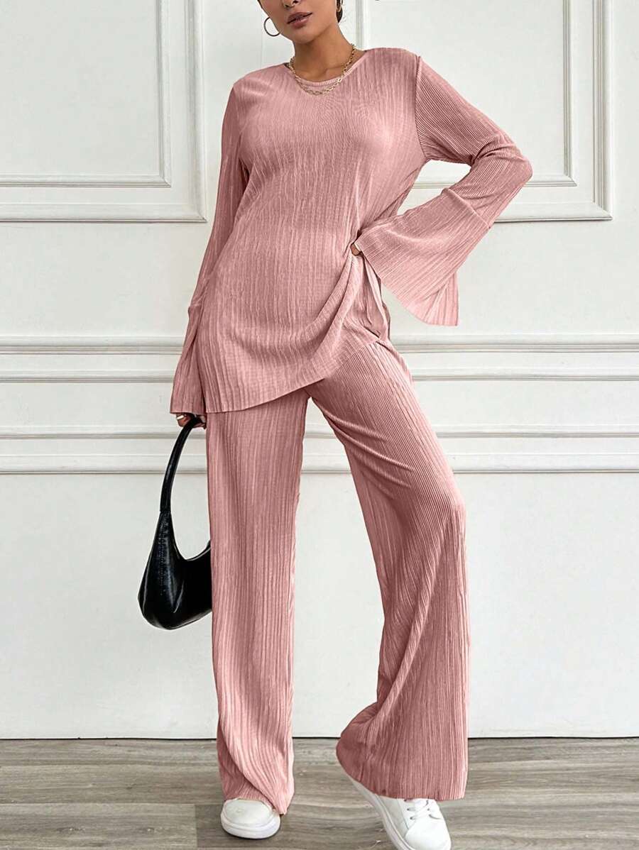 EURMUSE 2pcs Set Casual Solid Color Flare Sleeve Top And Pants - Watermelon Pink - View 1