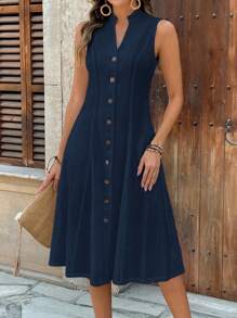 EMERY ROSE Women's Summer Geometric Pattern Print Round Neck Short-Sleeve Dress Navy Blue Dress Button Dress - Navy Blue - View 5