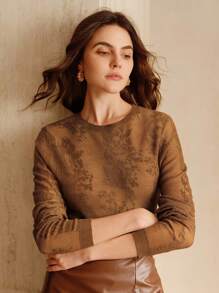 Anewsta 女式长袖圆领欧根纱透视镂空毛衣 - 咖啡棕 - 查看 4