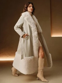 Anewsta Langer Kunstpelzmantel mit Gürtel, flauschiger zottiger Fellpatchwork, Herbst/Winter - Weiss - Übersicht 4