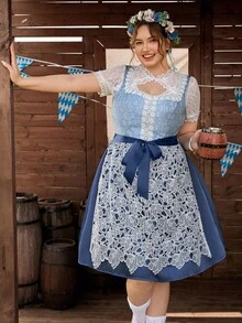 SHEIN Frenchy Plus Size Women Floral Lace Patchwork Sleeveless Square Neck Elegant,Dirndl,German,Oktober,Traditional Dress,Wedding Guest Dress Women - Blue - View 7