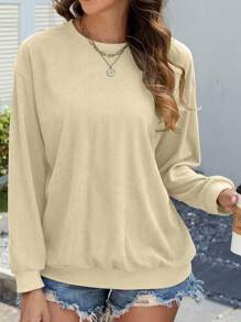 INAWLY 白色简约时尚丝绒圆领长袖宽松女式卫衣，适合秋冬季毕业季、返校季、教师节等场合穿着。 - 杏色 - 查看 3