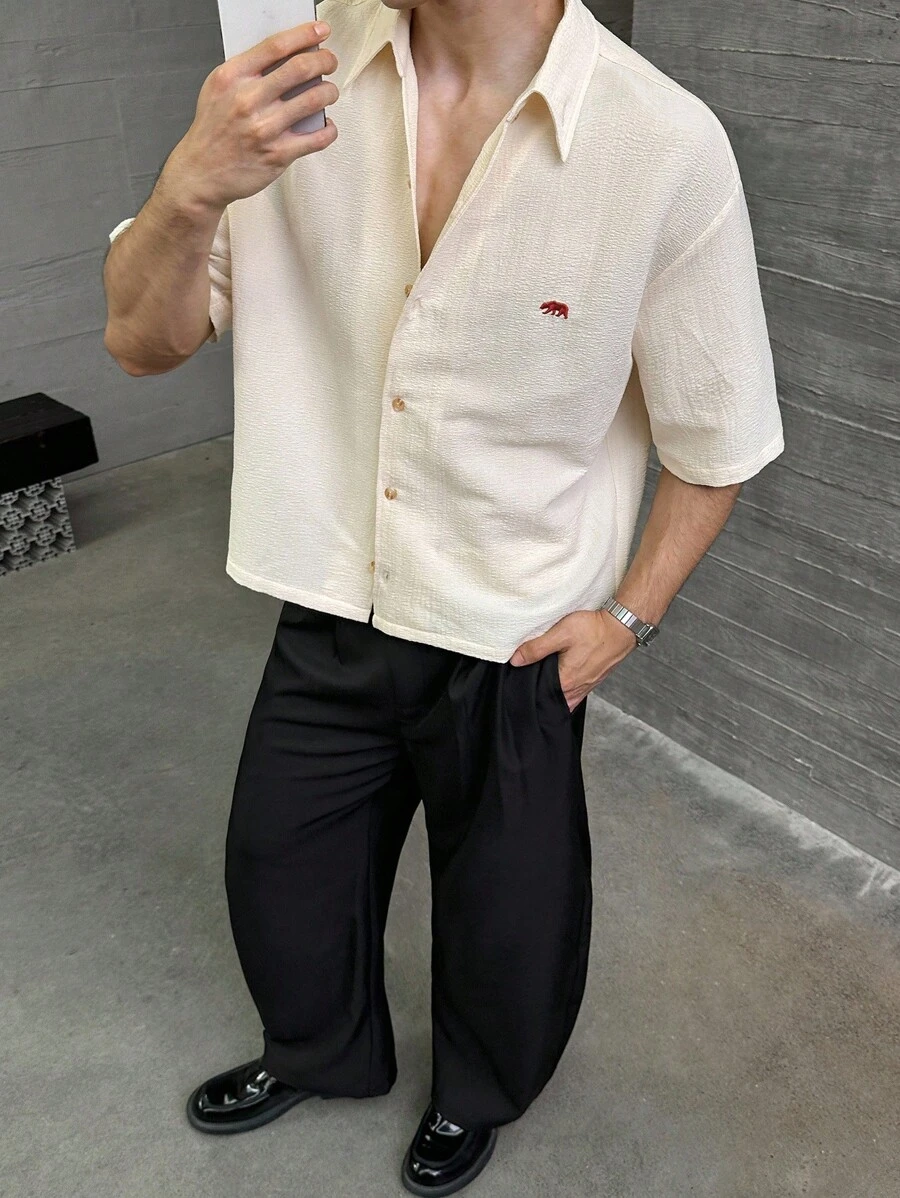 NEON BLANC Áo sơ mi nam tay ngắn dệt họa tiết gấu bắc cực thêu thời trang thường ngày, phù hợp cho mùa hè - Nhiều màu - Xem 1