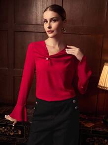 ZEYLAH Asymmetric Decor Button Long Sleeve Elegant Blouse, Autumn/Winter - Red - View 7