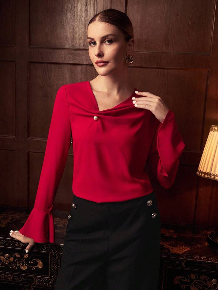 ZEYLAH Asymmetric Decor Button Long Sleeve Elegant Blouse, Autumn/Winter