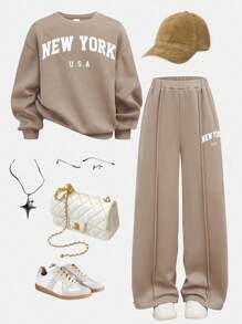 SHEIN Girlism Tween Girl Casual Everyday Round Neck New York Letter Print Sweatshirt And Straight Leg Pants Set New York Outfits Teen Sweat Set 2 Piece Set Teen Sweatpants Set Sweat Sets Tweens Comfy Fall Winter