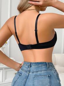 SHEIN 1 件女士蕾丝拼接无钢圈文胸，黑色 - 黑色 - 查看 2