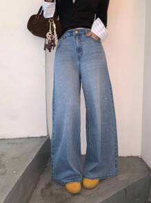 DAZY 女式韩版亮片装饰宽松牛仔裤 - 藍色 - 查看 5