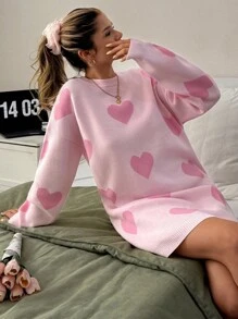 EURMUSE Crewneck Heart Pattern Knit Sweater Dress In Candy Pink – 82cm Shoulder To Hem Length, Relaxed Fit,Winter Dresses For Women,Petite - Pink - View 1