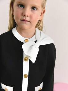 Maija Kids Maija Kids 2件套少女蝴蝶结装饰撞色开衫和裤子套装 - 黑與白 - 查看 7