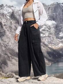 Pantalones vaqueros de pierna ancha con bolsillos, de ajuste holgado y casual para mujer - Gris Oscuro - Ver 3