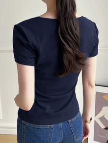 Feyla 女式纯色甜心领短袖休闲百搭T恤，夏季 - 藏蓝色 - 查看 2