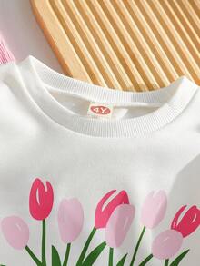Conjunto de sudadera con cuello redondo, manga larga con estampado de letras y dibujos animados con encaje, y pantalones acampanados ajustados, estilo coreano de moda para niñas, para primavera/otoño - Rosa - Ver 5