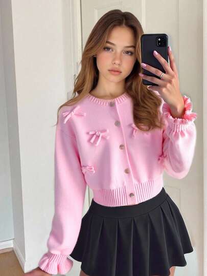 SHEIN Chaqueta de punto vintage con adorno de lazo dulce estilo Y2K para niñas, conjunto casual y versátil de vuelta al colegio para niña preadolescente en invierno