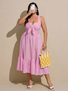 Viva Relle Große Größen Karo Herzausschnitt Krawatte Rüschen Saum Ärmellos Lässig Kleid für Damen, Sommer