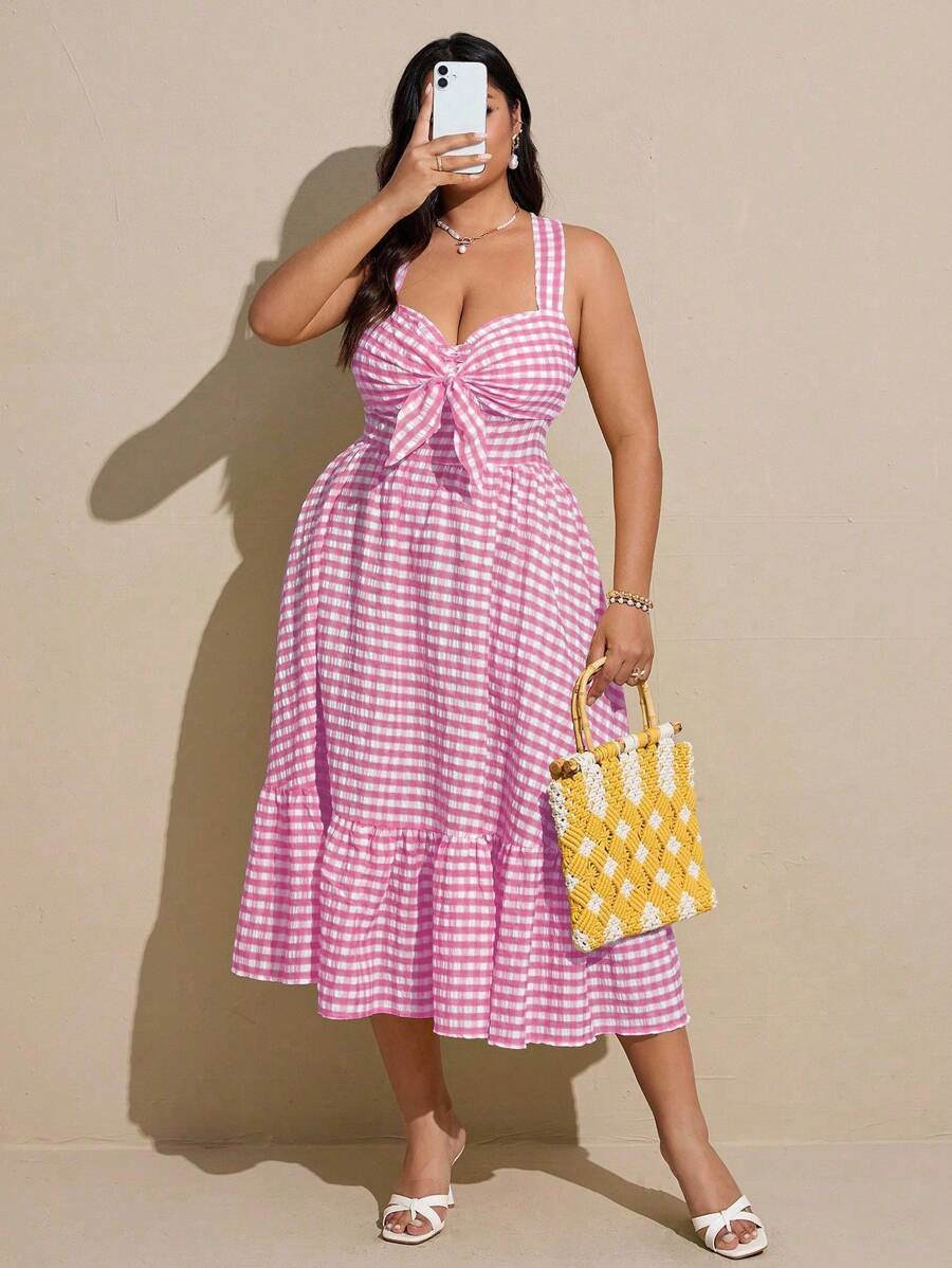 Viva Relle Große Größen Karo Herzausschnitt Krawatte Rüschen Saum Ärmellos Lässig Kleid für Damen, Sommer