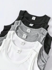 SHEIN Playful Pals 6pcs/Set Young Boy Sleeveless Top, Summer Young Boy Multi-Pack Top, Pure White Crew Neck Top, Soft And Comfortable Knit Fabric, Suitable For Daily Wear, Sports, Vacation, Can Be Paired With Sports Shorts, Denim Shorts, Suitable For Casual Daily Wear, 6pcs Top Set, Suitable For School, Vacation, Holidays - Multicolor - View 6