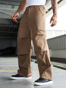 Manfinity EMRG Herren Lässig Plissee Gerade Bein Hose, Straßen-Stil Jugend Weite Cargo Hose Khaki Cargo Hose Braun Cargo Hose Herren Cargo Hose Herren Taktische Arbeitshose