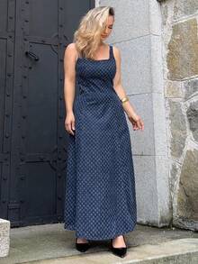 Jeta Ari Hawaii Women Outfits Picnic Dress Club Outfits Tea Party Dress Graduation Outfit Party Women Dresses Office Women Outfits Western Women Dresses A Long, Elegant Jacquard Denim Dress For Ladies - Medium Wash - View 6