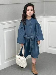 DAZY 少女休闲韩版水洗连衣裙秋冬 - 藍色 - 查看 3