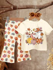 SHEIN Happikins Warm Apricot, Cute Halloween Pumpkin Flower, Coquette Ghost, Spooky Season, Little Miss Bootiful, Baby Girl Casual Minimalist Short Sleeve Round Neck T-Shirt And Flare Pants Set, Autumn Outfits For , Easy Comfort, Autumn Layers For Kids, Stylish Baby, Casual Wear, Baby & Kids Halloween Graphic Clothes, Fall Vibes Fall Vibes!