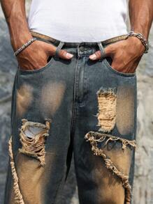 Manfinity EMRG Men's Avant-Garde Hip Hop Streetwear Button Destroyed Wide-Leg Jeans Hang Out Street College - Blue - View 5