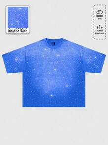 ROMWE MEN Street Life 男士闪亮钻石洗水T恤，宽松短款 - 藍色 - 查看 1