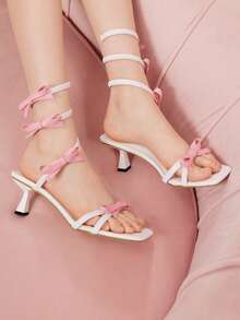 CUCCOO DOLLMOD Women's White High Heel Shoes, Kitten Heel Sandals, Bow Decor Strappy High Heels, Lace-Up High Heels, Party High Heels - White - View 1