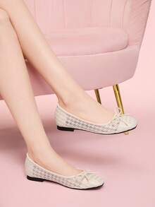 CUCCOO DOLLMOD Round Toe Soft Bottom Suede Strap Bicolor Metal Rivet Decor Ballet Bow Flat Slip-On Loafers For Women - Beige - View 3