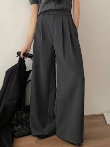DAZY 女士宽松口袋阔腿裤，休闲街头风西装裤，秋冬商务装 - 深灰色 - 查看 1