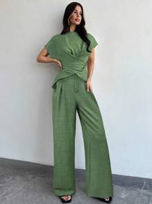 Firerie 女士优雅通勤裹胸系腰上衣和阔腿裤套装 - 軍綠色 - 查看 4