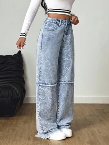 SHEIN Tall Printed Patchwork Light Wash Distressed Wide Leg Jeans - Light Wash - View 4